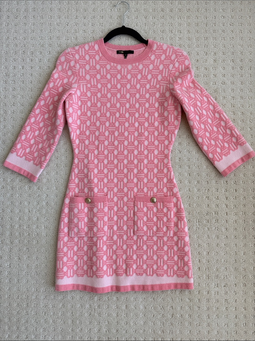 New Without Tags Maje Pink Patterned Knit Shift Dress